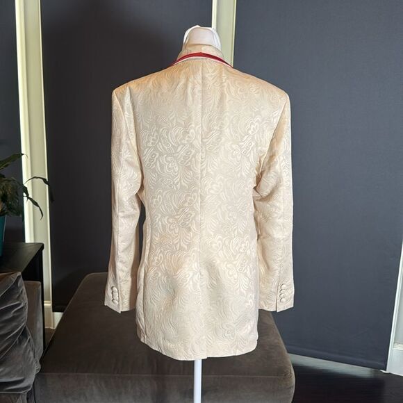 Men’s Floral Cream 2 Piece Tuxedo Suit Shawl Lapel Red Trim 34 Jacket 31 Pants - Picture 3 of 12